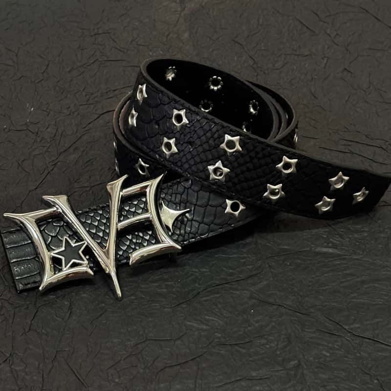 Y2K Punk LOVE Buckle Snake Texture Star Eyelet Leather Waist Belt