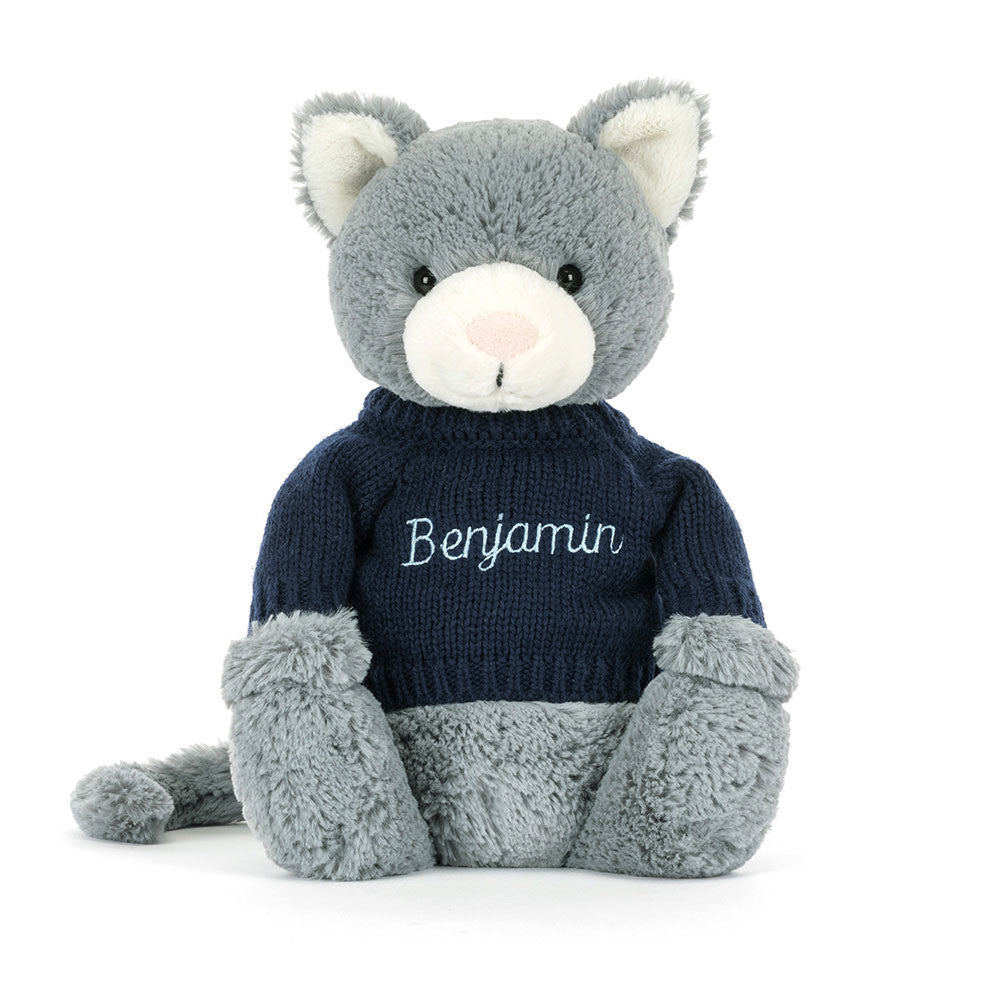 Bashful Kitten with Personalized Navy Jumper