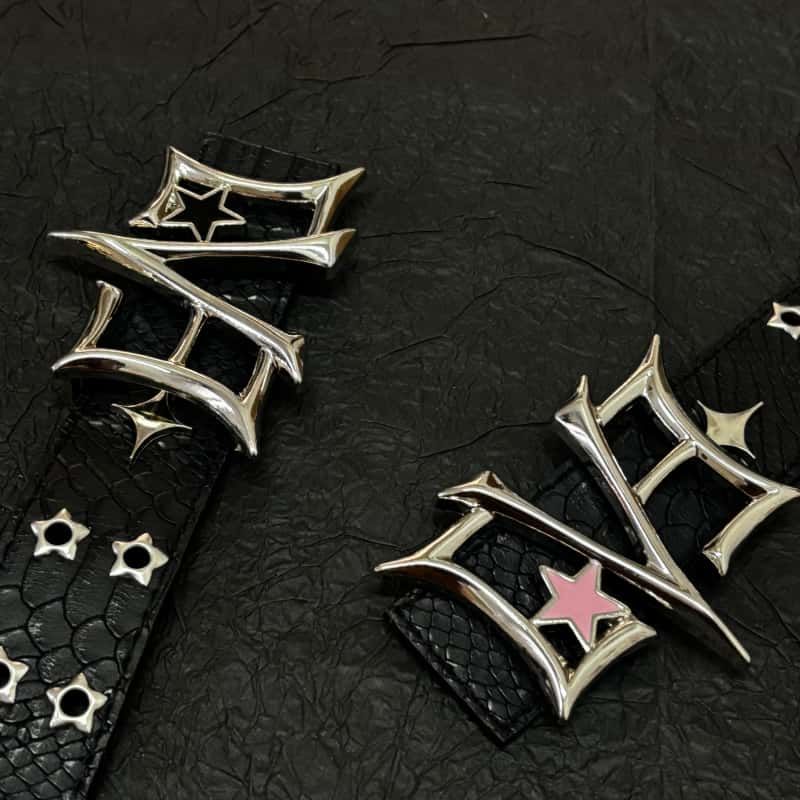 Y2K Punk LOVE Buckle Snake Texture Star Eyelet Leather Waist Belt