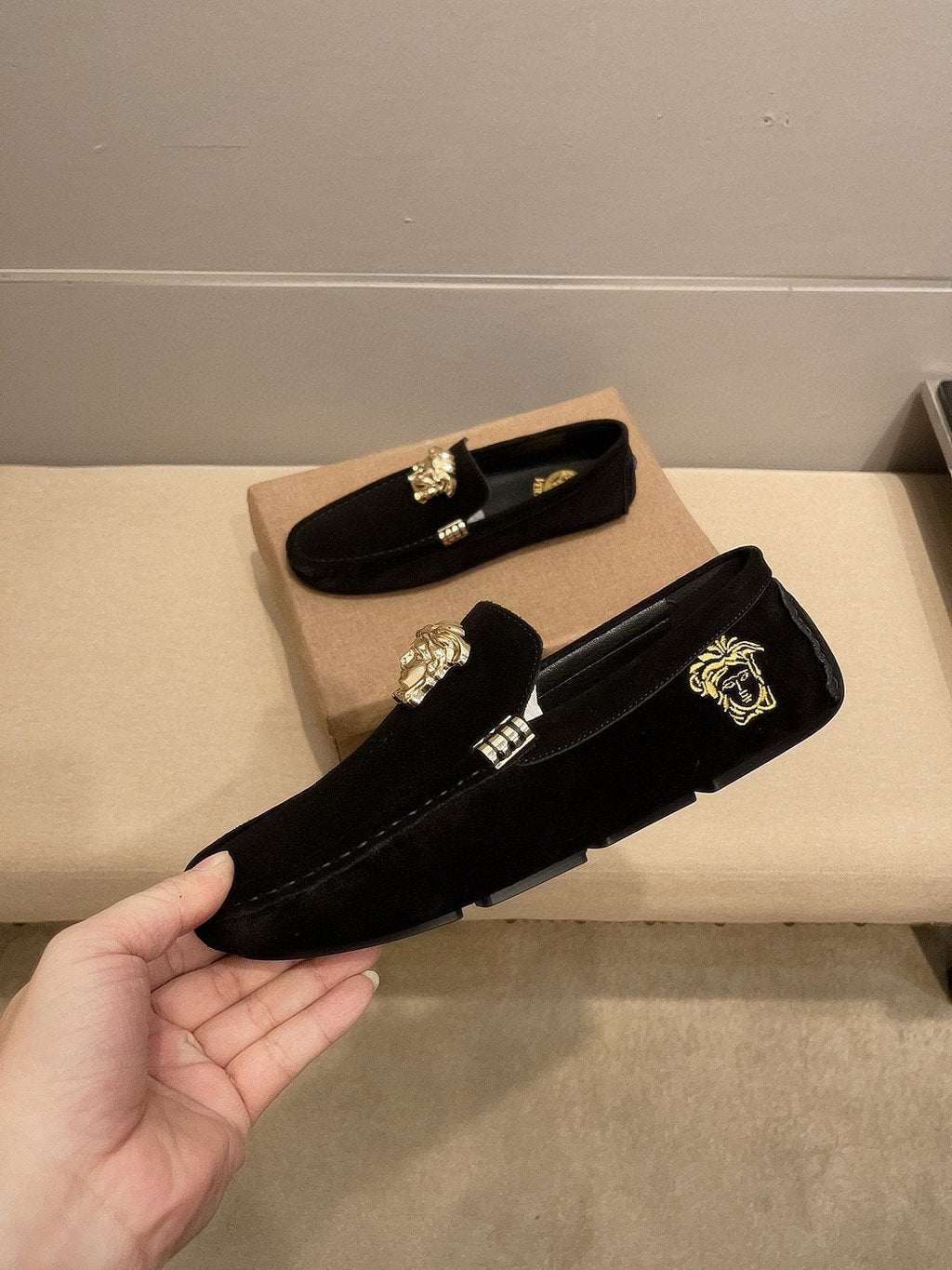 Versace Men's Black Gold-Tone Hardware Loafers - Black Suede-Finish Leather Upper